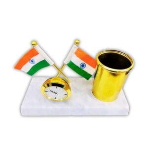 amiicraft Gold Plated Pen Stand with India Flag and Clock for office gifting use