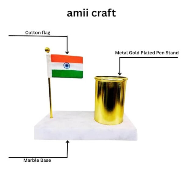 41wyJFpRO8L._SX679_.jpg amiicraft Marble Base Gold Plated Pen Stand with India Flag for Primium Gifting