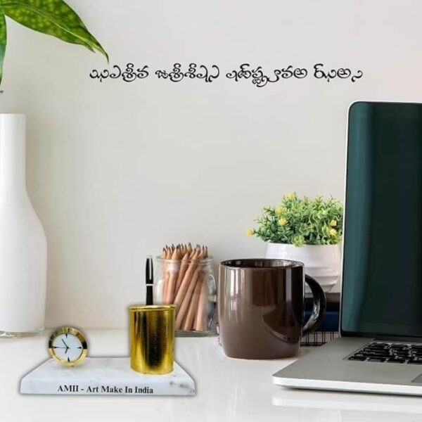 51KjJZKEONL._SX679_.jpg amiicraft Desk Organizer Set with Clock and Pen Holder, White Marble Base, Gold Metal Finish