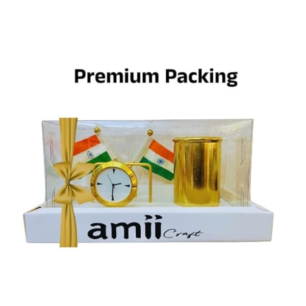 51mlCYyzLYL._SX679_-1.jpg amiicraft Gold Plated Pen Stand with India Flag and Clock for office gifting use