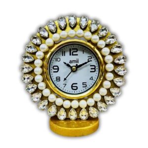 amiicraft Decorative Table Clock, Pearl and Crystal Embellished, Gold Frame for Premium Gifting