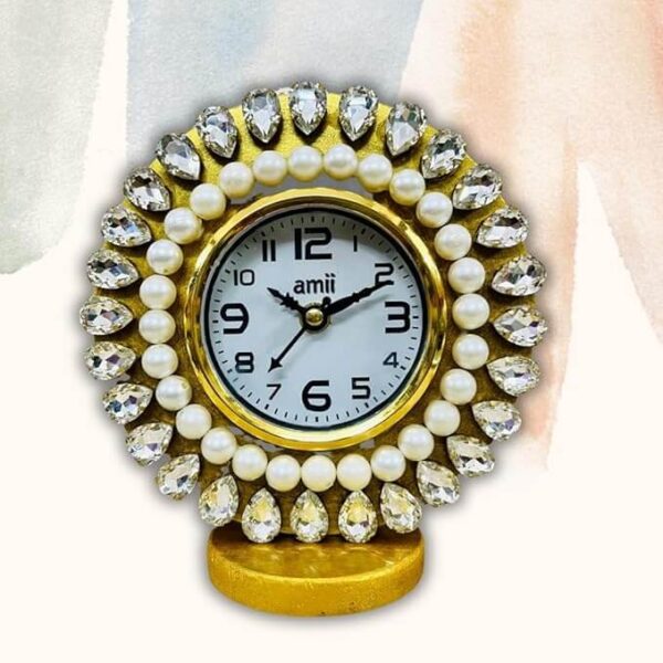 amiicraft Decorative Table Clock, Pearl and Crystal Embellished, Gold Frame for Premium Gifting