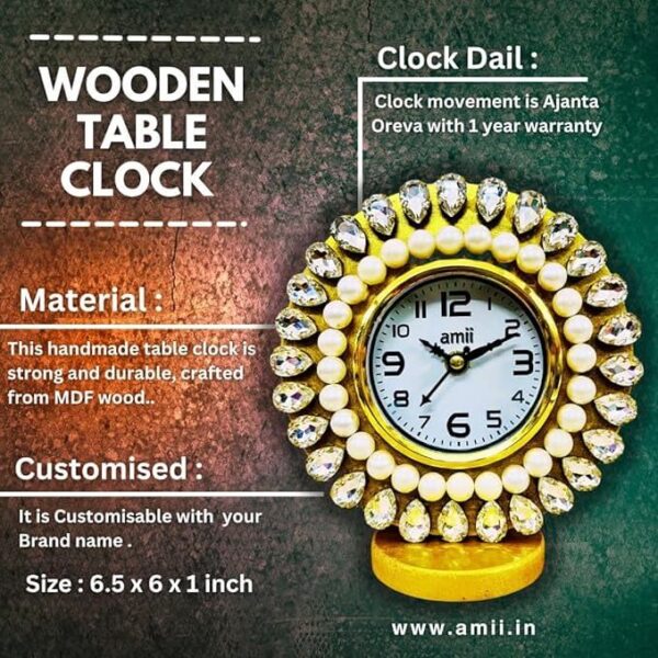 amiicraft Decorative Table Clock, Pearl and Crystal Embellished, Gold Frame for Premium Gifting